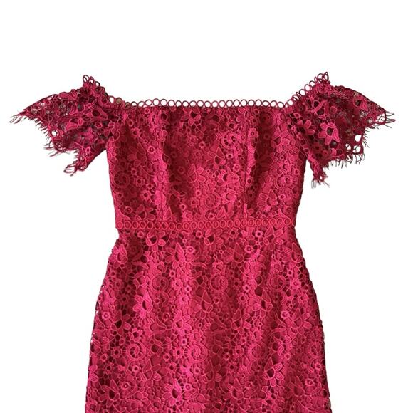 ML Monique Lhuillier Womens Red Raspberry Off The Shoulder Lace Overlay Dress 0P - Picture 4 of 13